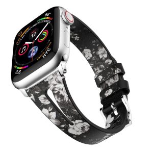 Black/White Floral Slim Leather Apple Watch Strap